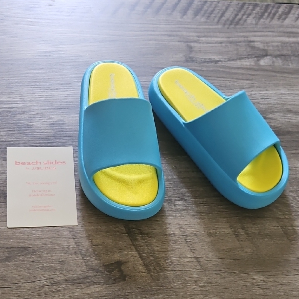 J Slides Beach Slides Squish Turquoise and Yellow Women's Sandals